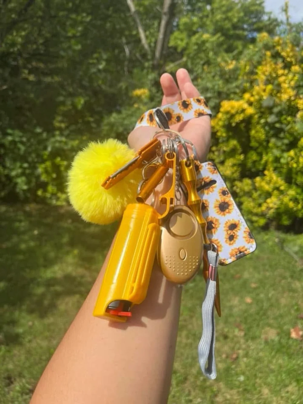 Yellow Sunflower Kids Keychain Set with Pom-Pom and Safety Alarm